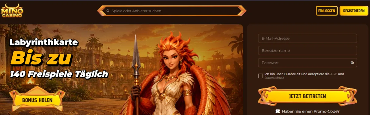 Mino Casino Casino Hero Bild mit Labyrinth Map Gamification und 18.000 Spielen