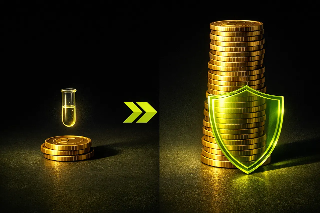 Split-Rendering links kleiner Stapel Goldmünzen mit Reagenzglas-Symbol für Testauszahlung, rechts hoher Stapel mit lime Schutzschild nach erfolgreichem Test, Illustration Risikominimierung