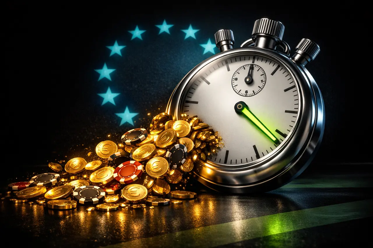 Editorial 3D Rendering einer matten Chrom-Stoppuhr mit lime grünem 30-Minuten-Zeiger und strömenden Euro-Münzen aus der Uhr, EU-Sternenwolke im Hintergrund, Illustration schnelle Casino-Auszahlung